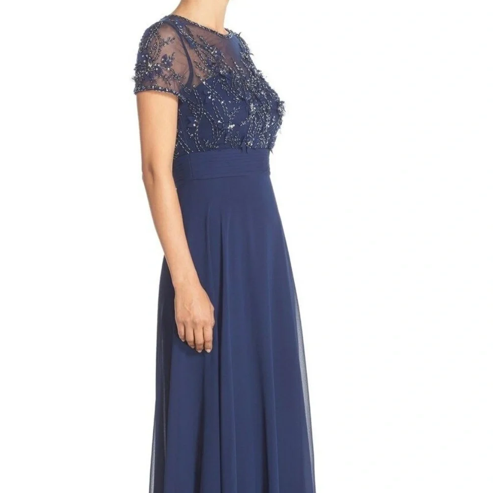 NWT JS Collections [ 0 or 2 ] Embellished Mesh & Chiffon‎ Gown in Navy Blue
